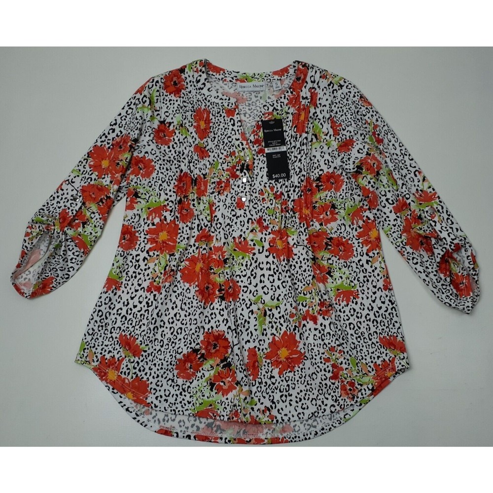 NWT! Rebecca Malone Women's Dressy Blouse Button Sleeve Top-Small-Leopard Floral